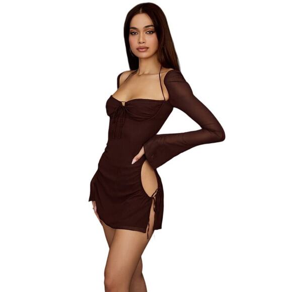 House of CB Cutout Chiffon Mini Dress Chocolate Brown Size Small NWT - Picture 2 of 13
